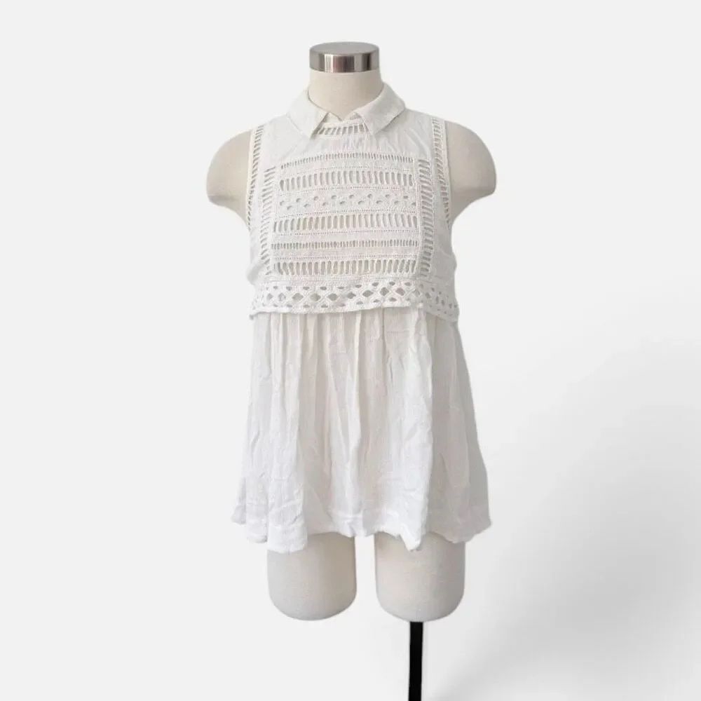 Free People White Peter Pan Babydoll Tunic Top Boho Mini XS Preppy Boho